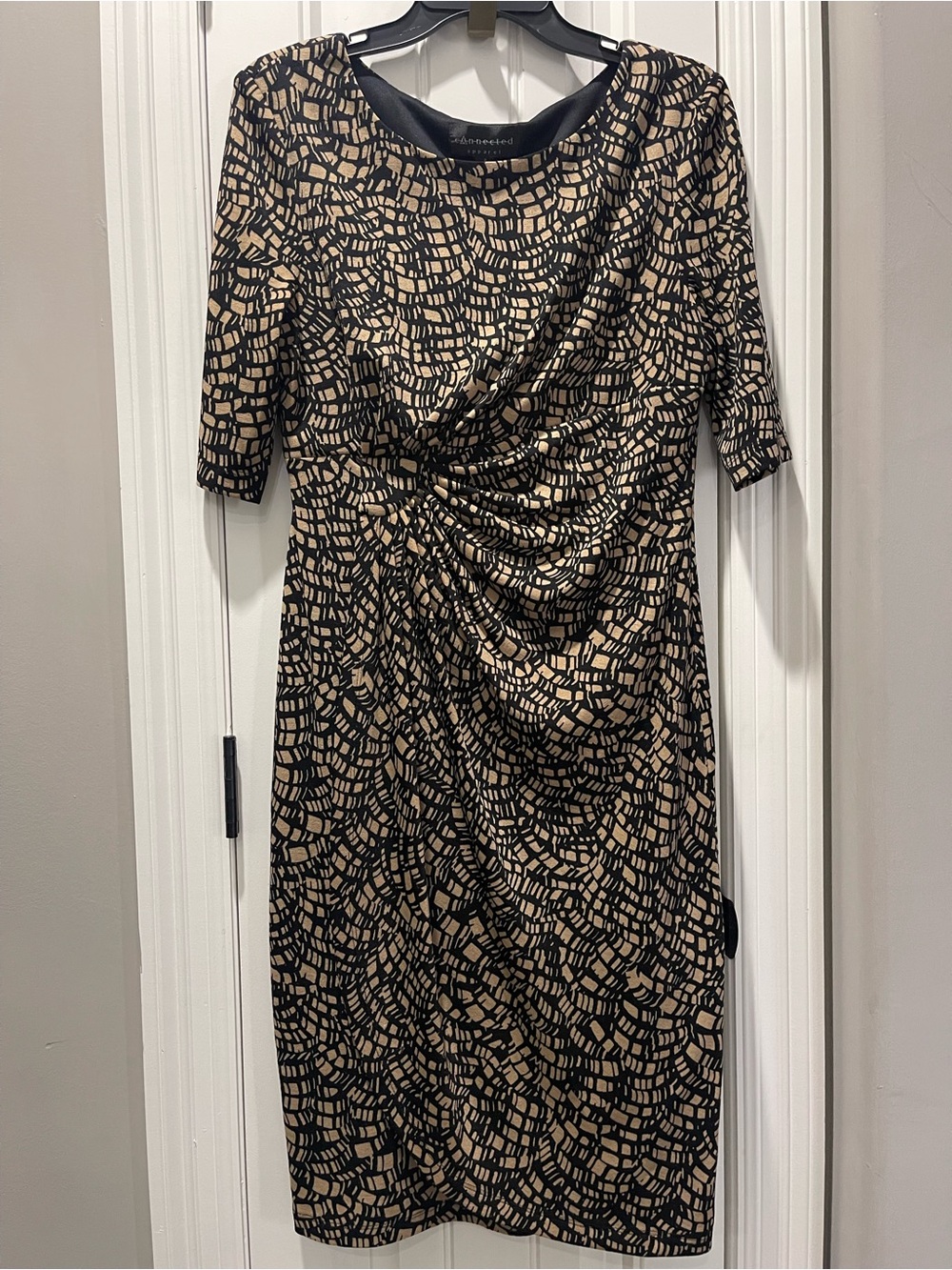 Black and Beige Patterned Draped Midi Sheath Dress